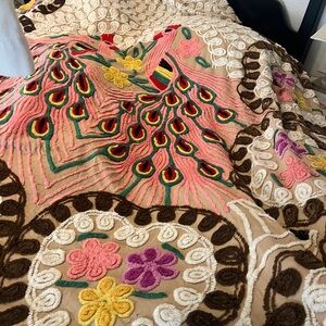 Peacock and floral chenille vintage blanket